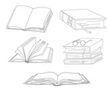 Vector line books with bookmark and glasses. Outline illustration set. Open book line icon