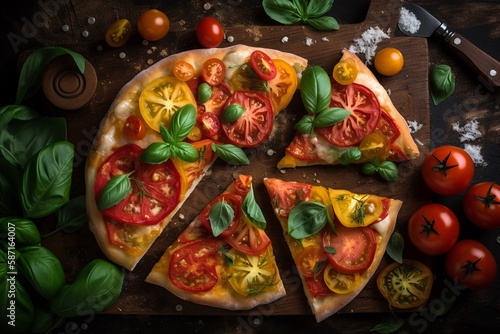 Pizza with tomato and basil on table AI Generative © Tebha Workspace