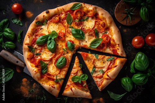 pizza with tomato and basil table