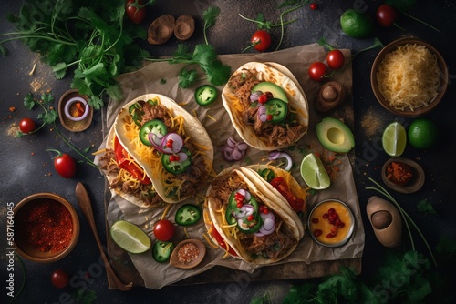 Tacos with vegetable on cutting board AI Generative