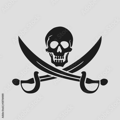 Skull over crossed sabers. Jolly Roger, flag, pirate symbol. Black mark, corsairs. Caribbean Sea. Concept danger, freedom and contempt for death. Flat, Cartoon triangles style. Vector illustration.