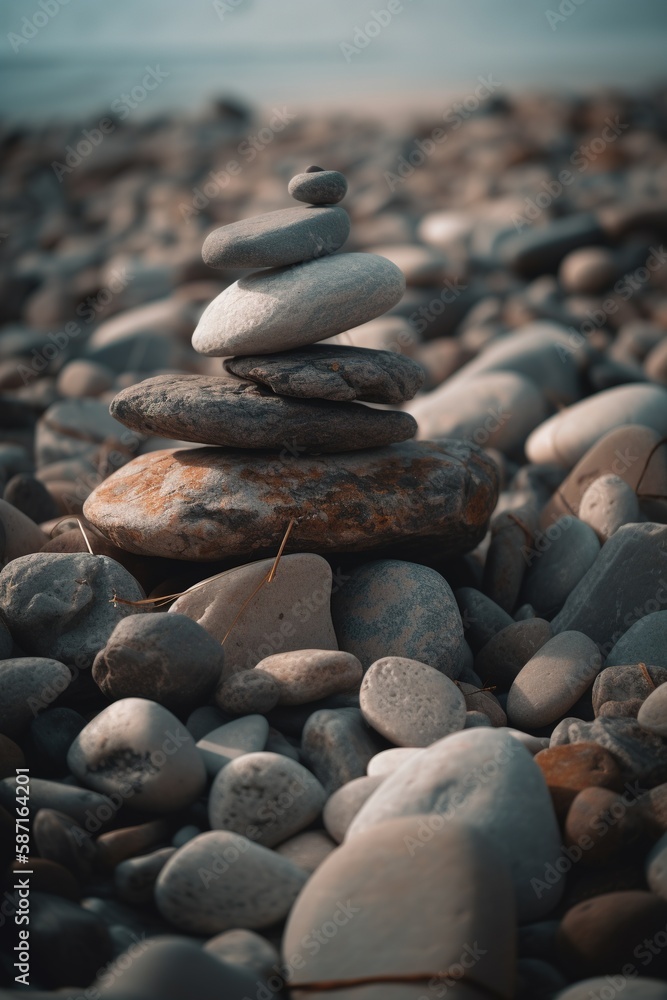 Pebble stones on the beach - soft focus with vintage filter.generative Ai