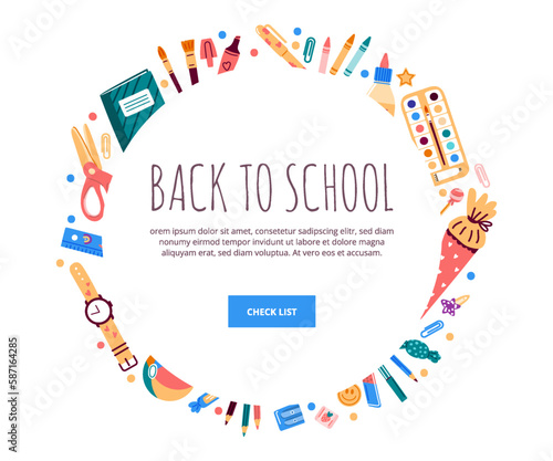 School supplies around circle shape with space for text.Vector illustration