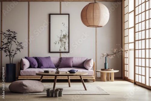 White and purple Japanese living room with copy space. Sofa and hanging chair. Wabi sabi decor,. Generative AI © AkuAku