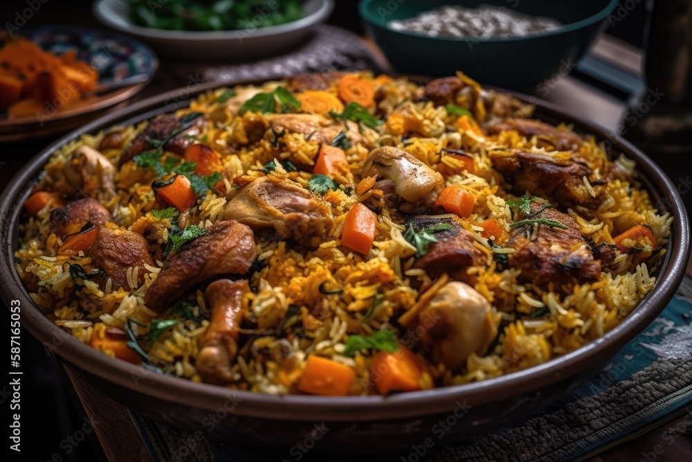 homemade Biryani with chicken. Kabsa bowls, a typical Arabic dish, contain meat. looking up. Generative AI homemade Biryani with chicken. Kabsa bowls, a typical Arabic dish, contain meat. looking up. Generative AI