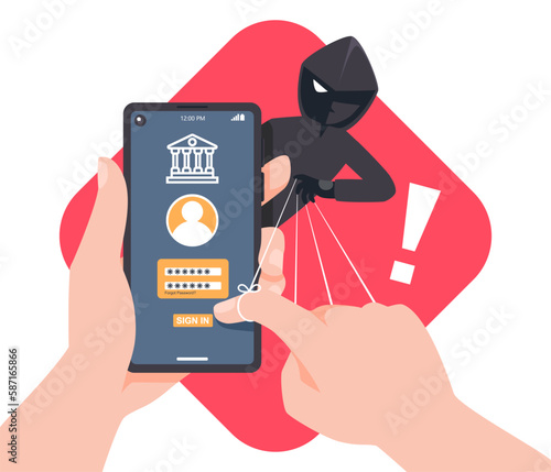 Fake operator thief calls the smartphone to manipulate user transaction banking app. Fraud scam and steal private data on devices. vector illustration flat design for cyber security awareness concept