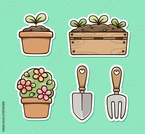 Gardening clipart set. Indoor house plants and tools. Cute spring summer digital stickers cartoon illustration.