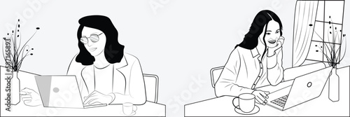 Female Business character outline drawing. Business woman working on laptop, computer. Line art, linear, outline, thin line design simple illustration .