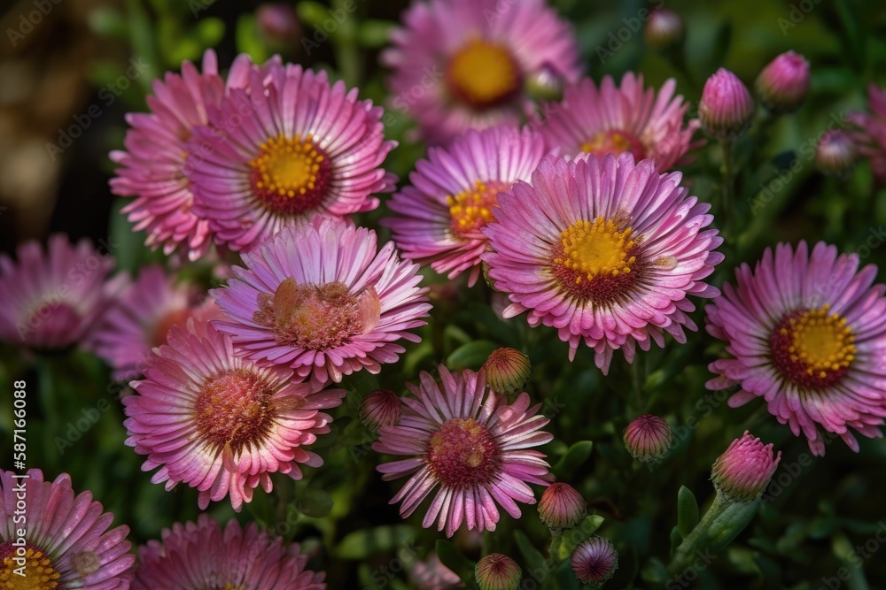 Fototapeta premium close-up view of pink flowers with dew drops. Generative AI