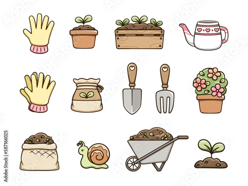 Gardening clipart set. Potted plants, garden items and planting tools. Cute spring summer digital stickers cartoon illustration.