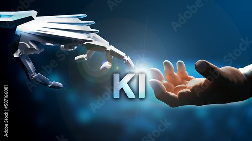 AI / KI: Die Erschaffung Adams - eine Roboterhand berührt eine Menschlische Hand. Mit KI Schriftzug. Michelangelo.