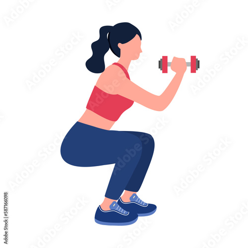 Woman doing dumbbell exercise in flat design on white background.