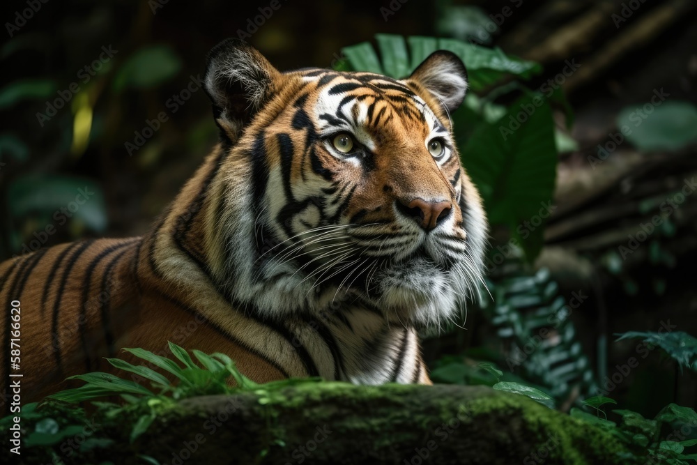 Obraz premium Picture of a Malayan Tiger (Panthera Tigris Tigris) Resting in Zoo Negara, Kuala Lumpur, Malaysia, 9 November 2019. Generative AI