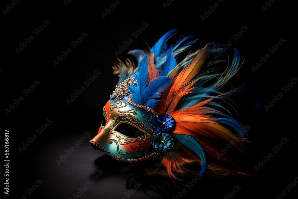 Colorful Venetian carnival mask with orange and blue feathers on the black background created with Generative AI technology
