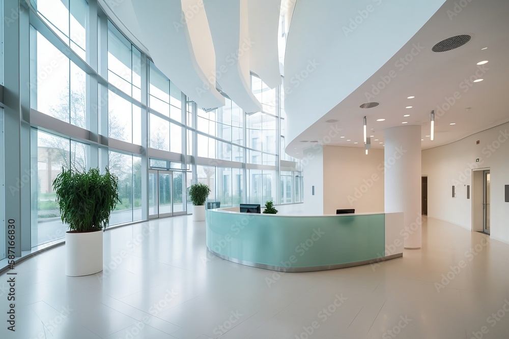 Green reception desk in a large office building with big windows. Reception desk in the modern