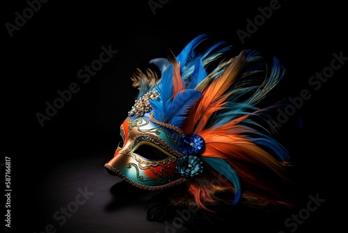 Colorful Venetian carnival mask with orange and blue feathers on the black background created with Generative AI technology