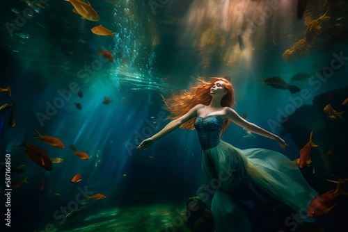Beautiful woman with red hair in blue dress swims under the water with fishes and sun rays created with Generative AI technology