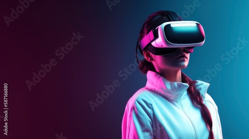 A woman wearing a virtual reality headset. Generative AI © Catrat