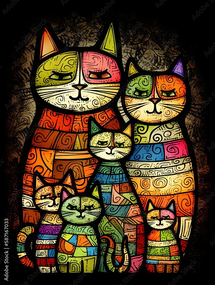Obraz premium Cute cat family illustration. painting style illustration. children's fairy tale illustration.