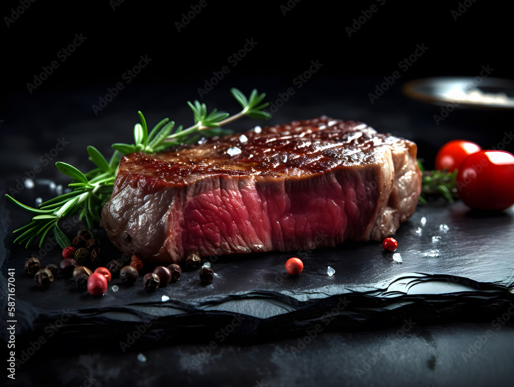Succulent Beef Steak on Black Stone Table. Generative AI.