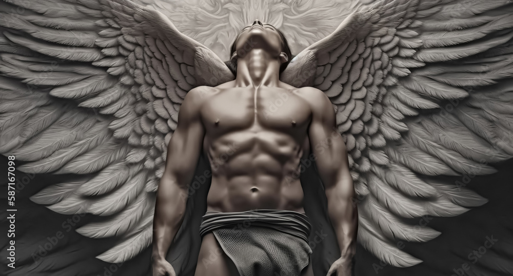 Fallen dark warrior angel with wings. digital art