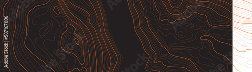 The stylized height of the topographic map contour in lines and contours. The concept of a conditional geography scheme and the terrain path. Orange on black. Wide size. Vector illustration.