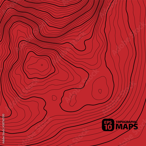 The stylized height of the topographic map contour in lines and contours. Black stroke on red . The concept of a conditional geography scheme and the terrain path. 1x1 Size. Vector illustration.