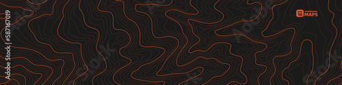 The stylized height of the topographic map contour in lines and contours. The concept of a conditional geography scheme and the terrain path. Orange on black. Wide size. Vector illustration.
