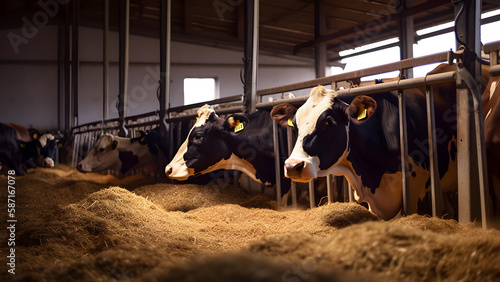 Healthy Cows Feeding on Hay in a Clean and Spacious Cowshed on a Dairy Farm. Generative AI. photo