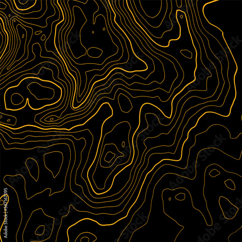 The stylized height of the topographic map contour in lines and contours. The concept of a conditional geography scheme and the terrain path. Yellow on black. Wide size. Vector illustration.