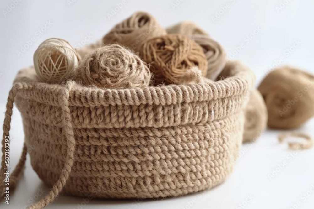 crochet jute craft basket isolated on white backdrop, tailor and designer accessories in wicker box, zero waste storage. Generative AI crochet jute craft basket isolated on white backdrop, tailor and designer accessories in wicker box, zero waste storage. Generative AI