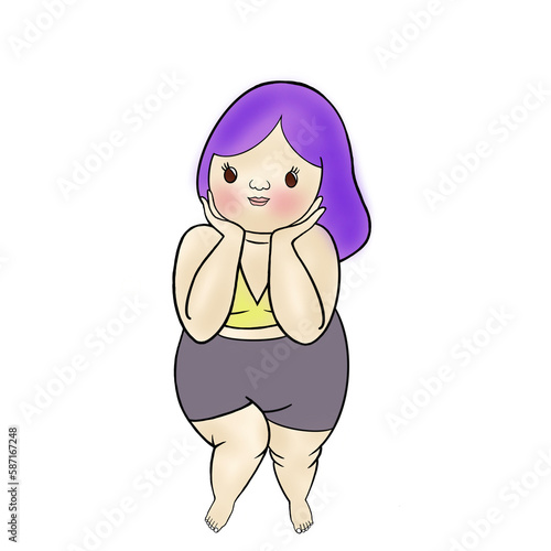 Cute Plump  girl cartoon character sitting on a white background in flash style. photo