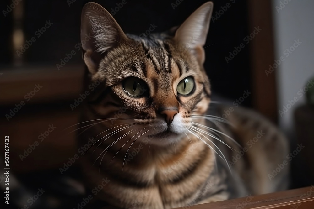 Adorable Face of a Cat. Closeup Shot with blur home Background