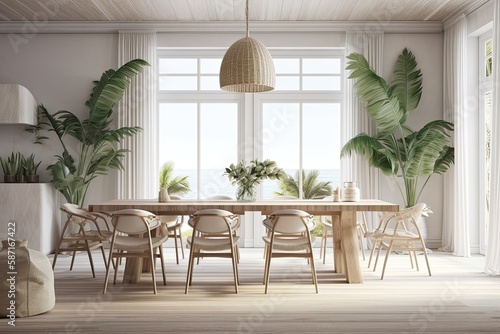 Palm filled coastal dining room. Homey backdrop. Hamptons illustration. Banner. Generative AI