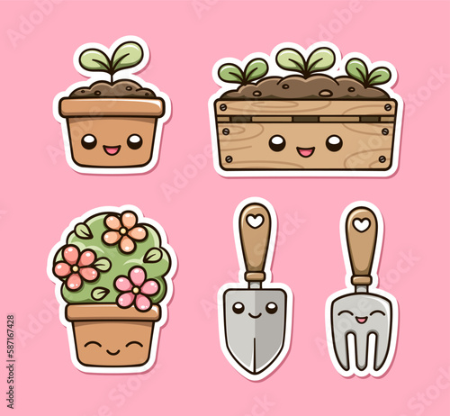 Kawaii Gardening clipart set. Happy potted plants and botanical planting tools. Cute spring summer digital stickers cartoon illustration.