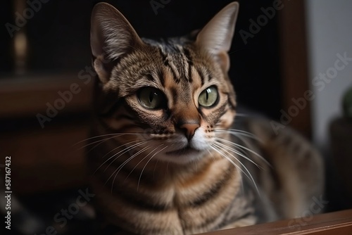 Adorable Face of a Cat. Closeup Shot with blur home Background © Thares2020