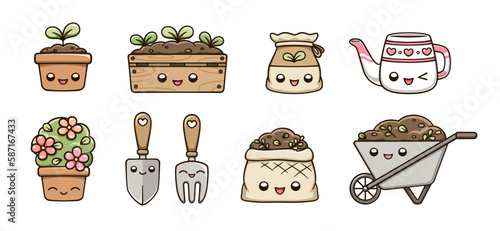 Kawaii Gardening clipart set. Happy potted plants, garden items and planting tools. Cute spring summer digital stickers cartoon illustration.