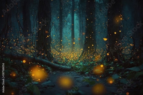Firefly Forest, Night Time, Dark Woods, Abstract Illustration, Illuminated Path, Fairy Land 