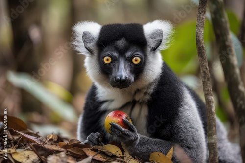 Indri indri Babakoto, the largest lemur of Madagascar, has a black and white coat, is arboreal and herbivorous, eating on leaves and seeds, and has red lips. Generative AI