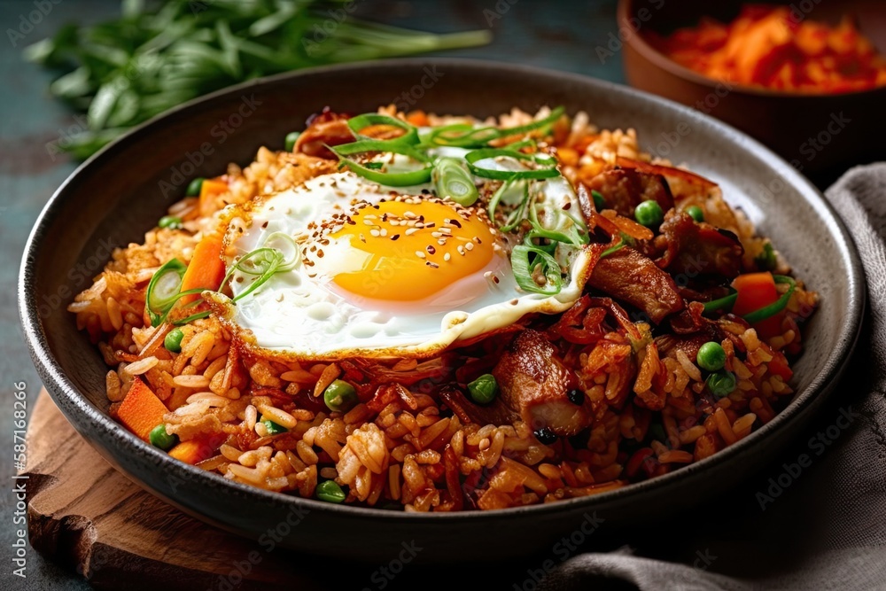 Fried Rice with Homemade Pork Belly Kimchi and Green Onions. Generative AI