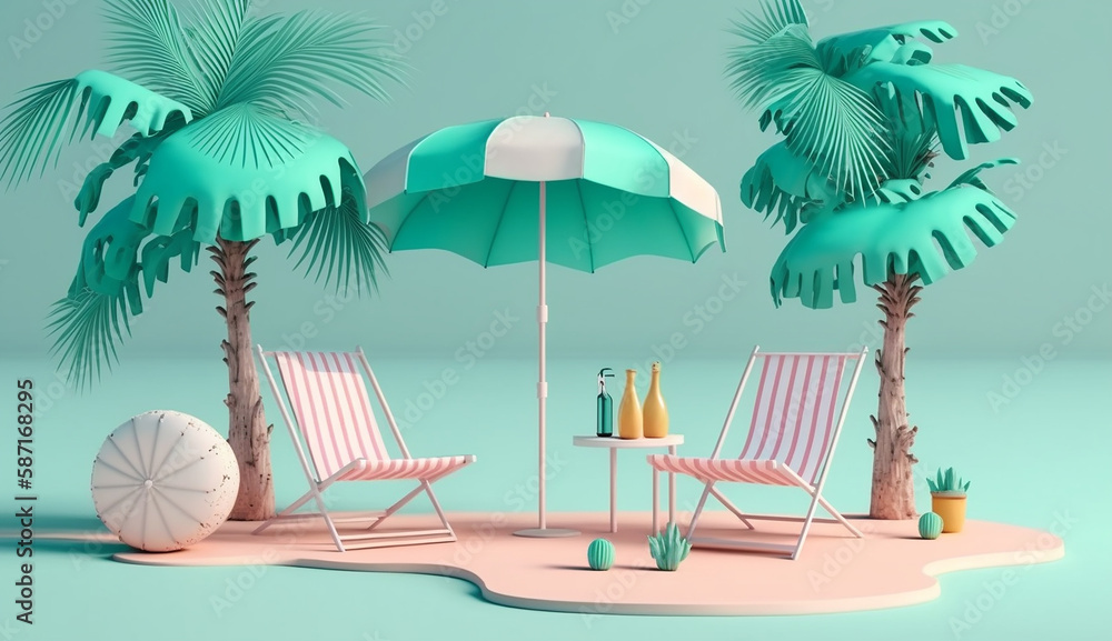 Obraz premium Beach chairs and accessories under palm tree 2 Summer vacation concept on pastel background, Generative AI