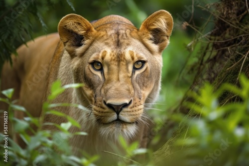 Close up of a female lioness going through a woodland with green trees in the background. A close up of the predator s eyes with an out of focus background of green grass in a forest. Generative AI
