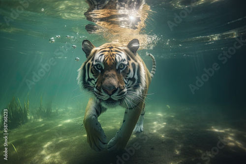 A tiger swim in water to catch fish  generative AI