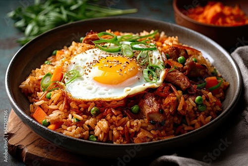 Fried Rice with Homemade Pork Belly Kimchi and Green Onions. Generative AI
