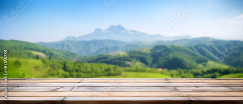 generative AI. Natural Escape: Empty Old Wooden Table in Front of Green Mountain and Blue Sky © photobuay
