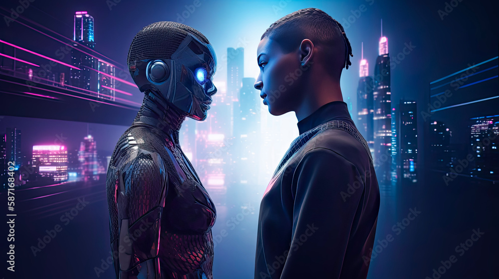Human with an AI android standing together in a modern, high-tech environment, their similarities in appearance and expression highlighting the seamless integration of human and ai (generative AI) Human with an AI android standing together in a modern, high-tech environment, their similarities in appearance and expression highlighting the seamless integration of human and ai (generative AI)