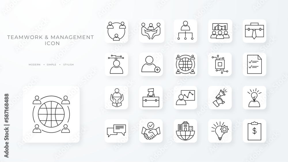 Teamwork and Management icon collection with black outline style. community, cooperation, handshake, manager, success, teamwork, brainstorm. Vector Illustration