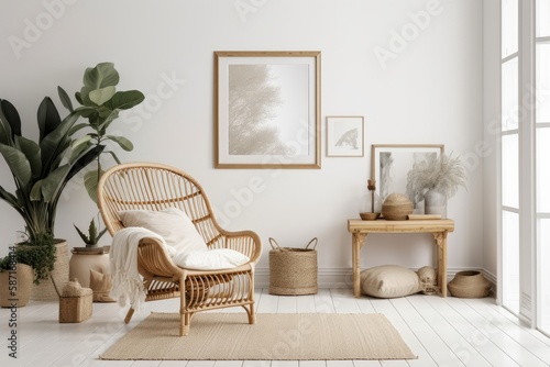 Mock up frame in white room with natural wood furnishings,. Generative AI