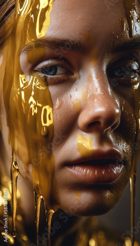 gold liquid pouring on woman's face