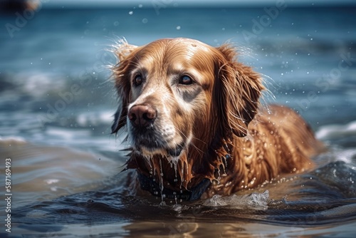 Golden Retriever dog swimming in blue water. Generative AI © AkuAku